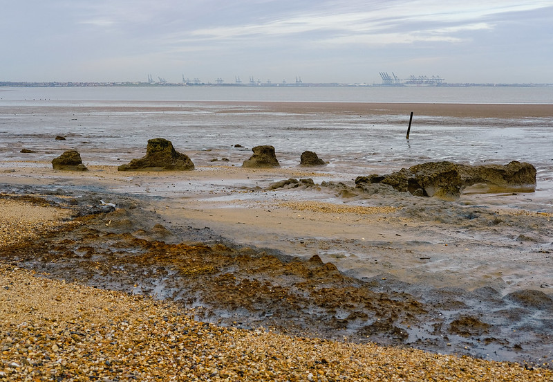 A photo of a muddy beach dotted with large mounds of more solid mud. On the hazy horizon, over some sea, can be seen the cranes of Felixstowe docks