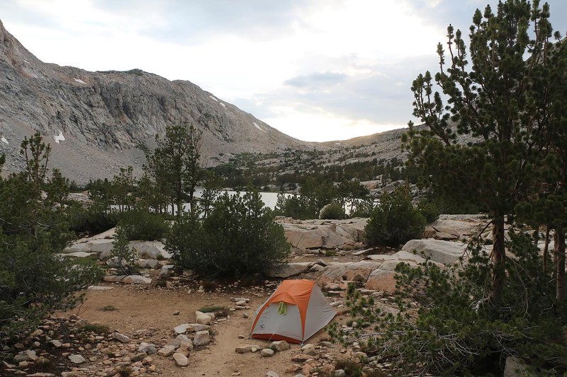 View of my tent, Piute Lake, and Piute Pass - I was glad to be able to head outside for water, dinner, and a short hike