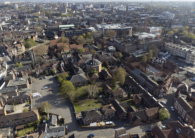 Aerial image of Norwich's Octagon Unitarian Chapel (completed 1756) & in front of it to the left, the Old Meeting House Congregational Church (1643)