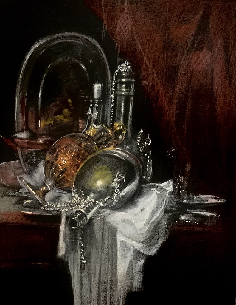 My Study version of a still life painting by William Kalf, 1619-1693, Dutch Golden Age Painter. Coloured pencil drawing by jmsw on black card, highlights in Gouache.
