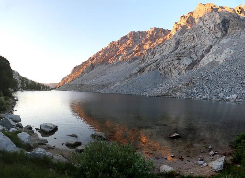 Morning light on Mount Thoreau reflecting in the waters of Loch Leven, from the Piute Pass Trail