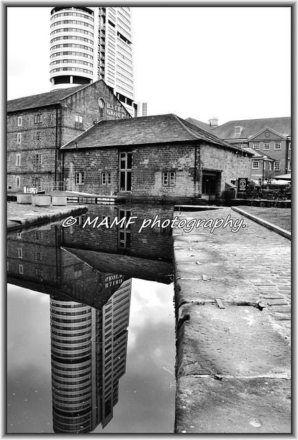 Architectual reflections in the Leeds - Liverpool canal.