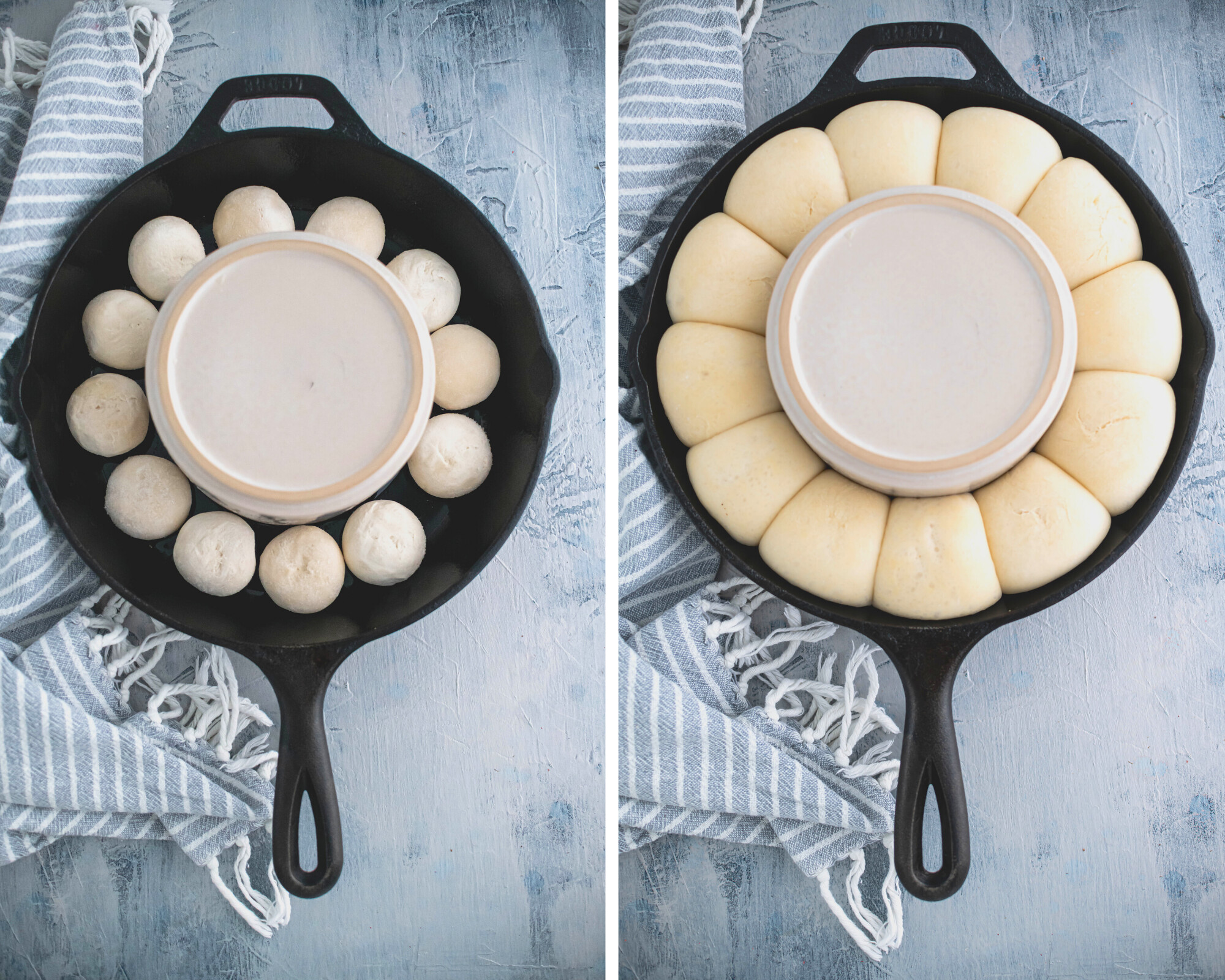 Two side by side vertical photos. First is frozen rolls in a cast iron skillet with a bowl in the center. Second is the rolls risen.