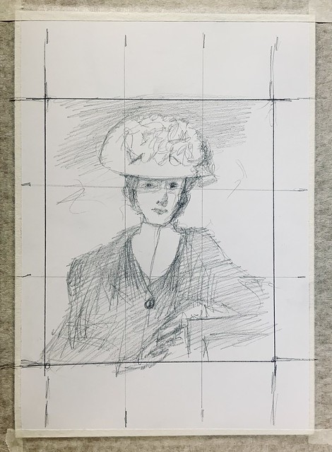 Just started. A study of a portrait of Miss Hickey, by Sir Joshua Reynolds PRA, 1723-1792. Graphite pencil drawing by jmsw on card, to be continued in coloured pencil,