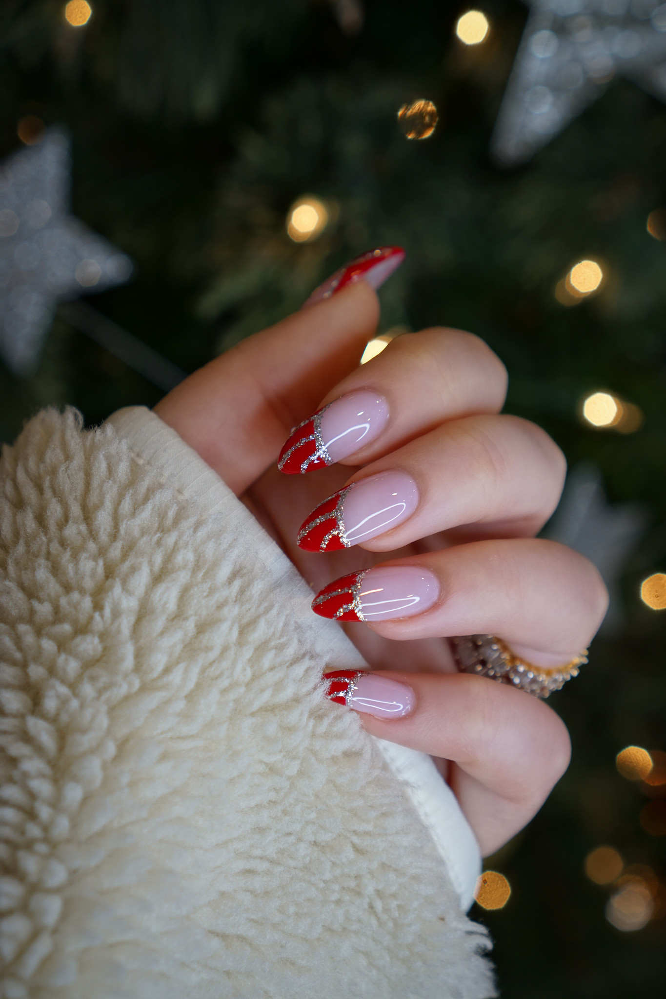 Candy Cane Nails | Red and Silver Christmas Nails | Striped French Manicure Nail Design | Simple Holiday Nails