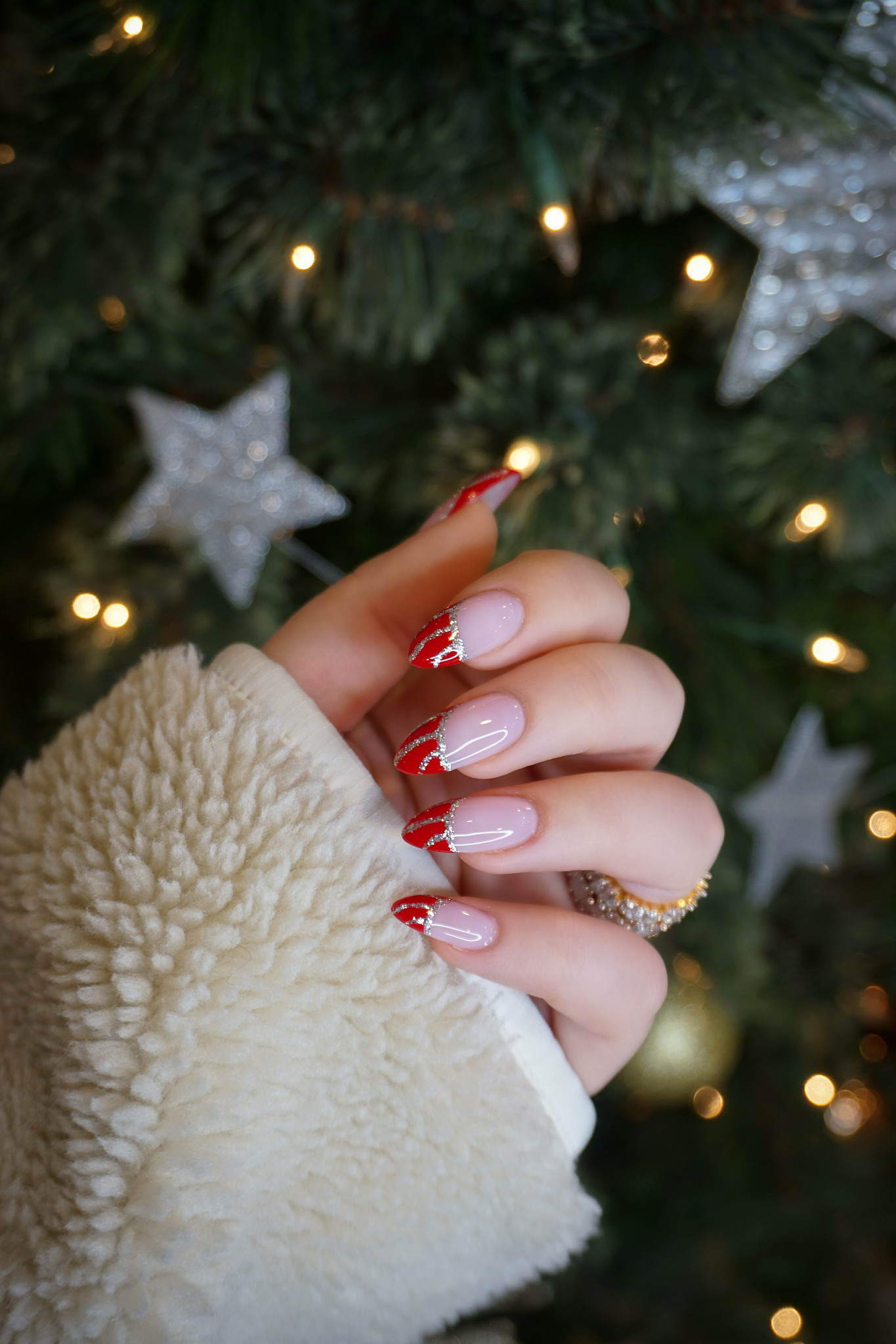 Red and Silver Christmas Nails | Striped French Manicure Nail Design | Simple Holiday Nails
