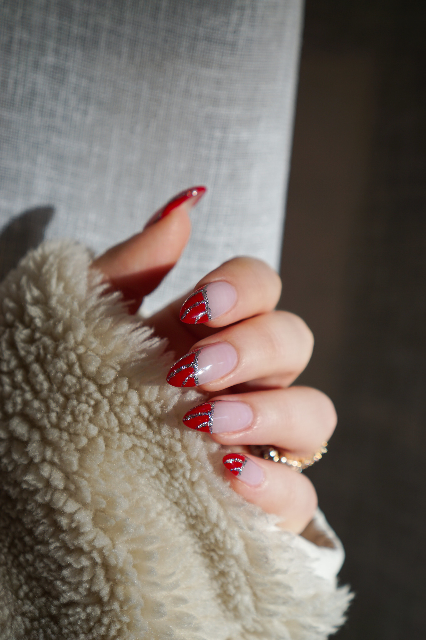 Red and Silver Christmas Nails | Striped French Manicure Nail Design | Simple Holiday Nails