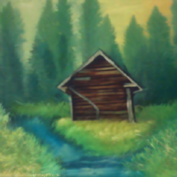 'a painting of a cabin next to a stream in a secluded forest' GLIDE Text-to-Image