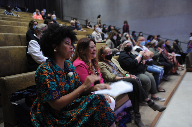 Aldeide Delgado sitting in the audience at the Women, Photography and Feminisms Congress at PAMM, Nov 18 2021, Photo World Red Eye, Courtesy of WOPHA
