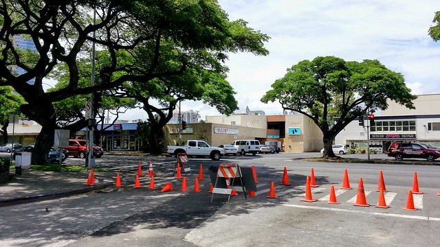 Elie (Club Asia), 74 (Club D'Amour) and Suzie's (adult superstore) or Suzie's Secrets (Suzies) - Kapiolani Boulevard on July 13, 2014 - Flashback or Throwback with orange construction cones - 7132014_14225 or 222 pm