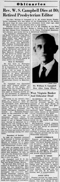 Rev. William Spencer Campbell Obituary 1939