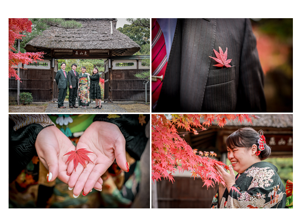 東山荘で成人式の前撮り　色づいたモミジの季節