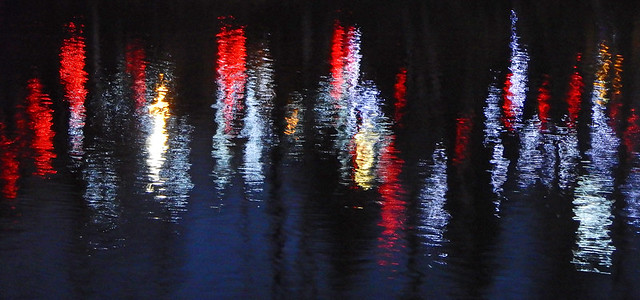 reflection of Christmas lights at Lafarge Lake in Port Coquitlam