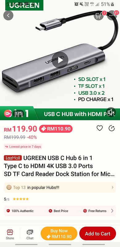 綠聯USB3.0 6口HUB集線器 UGREEN USB-C Hub 6in1 PD rm$119.90 @ UGREEN Direct Store in Lazada