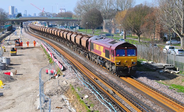 66129 weaves through the Crossrail site at Abbey Wood with a Working from Angerstein Wharf on 11-3-15. Copyright Ian Cuthbertson