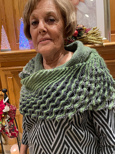 Wendi finished the Bjayzl shawl (pattern on Ravelry) for her mom for Christmas.  Yarn used: Crazy Zauberball, colour 2100 and Berroco Vintage, colour 5162.