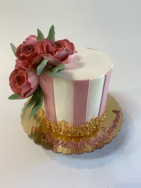 Rose Colored Fondant Stripes with Gold Quinns and Gumpaste Flowers 400663