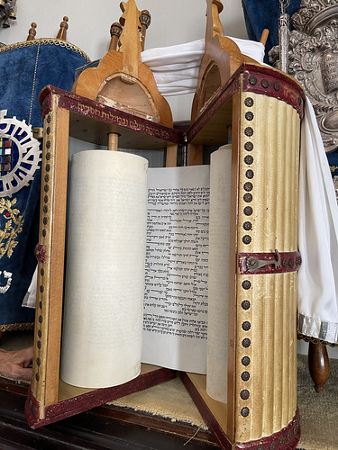 St. Thomas Torah Scroll housed in a wooden and leather case. From History Comes Alive at The Hebrew Congregation of St. Thomas