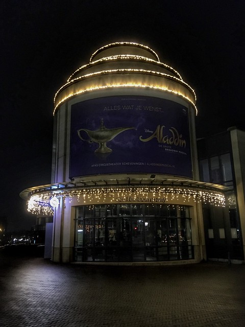 Illuminated circus theatre building in The Hague