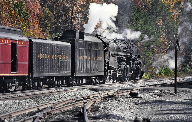 Norfolk Southern operated N&W A-class 2-6-6-4 articulated steam locomotive # 1218 is leading a Railfan Excursion Train from Chattanooga to Harriman, Tennessee, October 1987