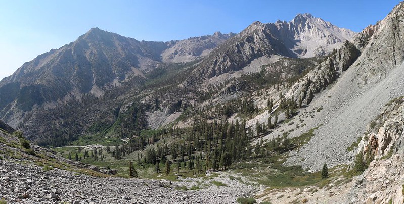 Panorama view over Onion Valley (below, left) from the Golden Trout Lakes Trail with Independence and University Peak