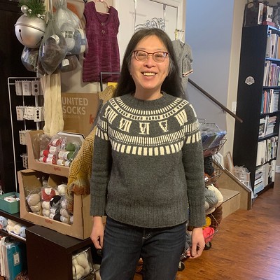 My sister Mary (maryc1981) knit this striking Time_Sweater by Tomomi Yoshimoto using Kelbourne Woolens Scout in Graphite Heather and Natural.