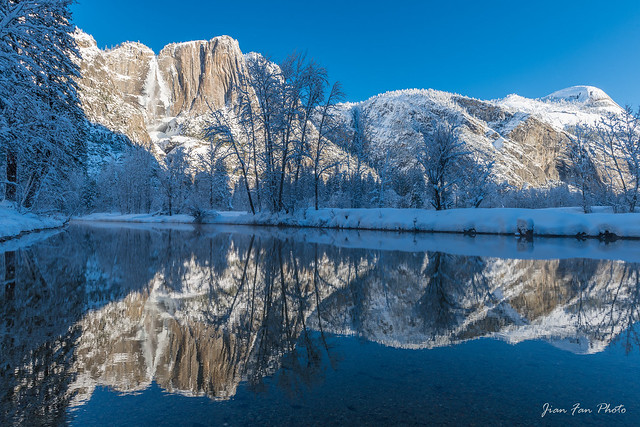 Yosemite falls and reflection