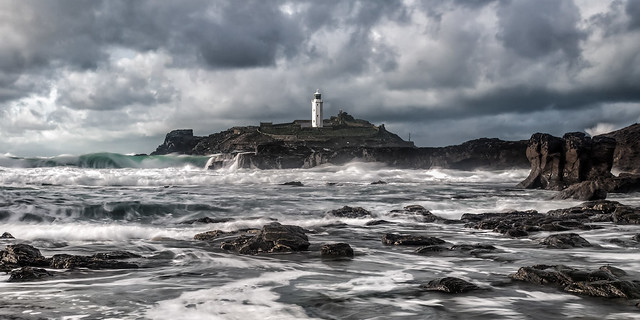 Godrevy Lighthouse stormy weather Cornwall UK Panorama