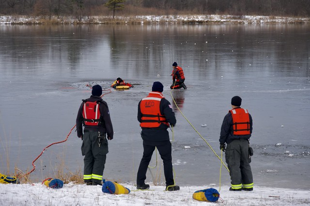 Frozen lake rescue in progress (a training exercise)