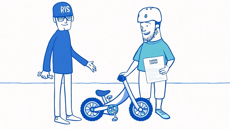 An animated RIS character helping somebody whose bike has broken down