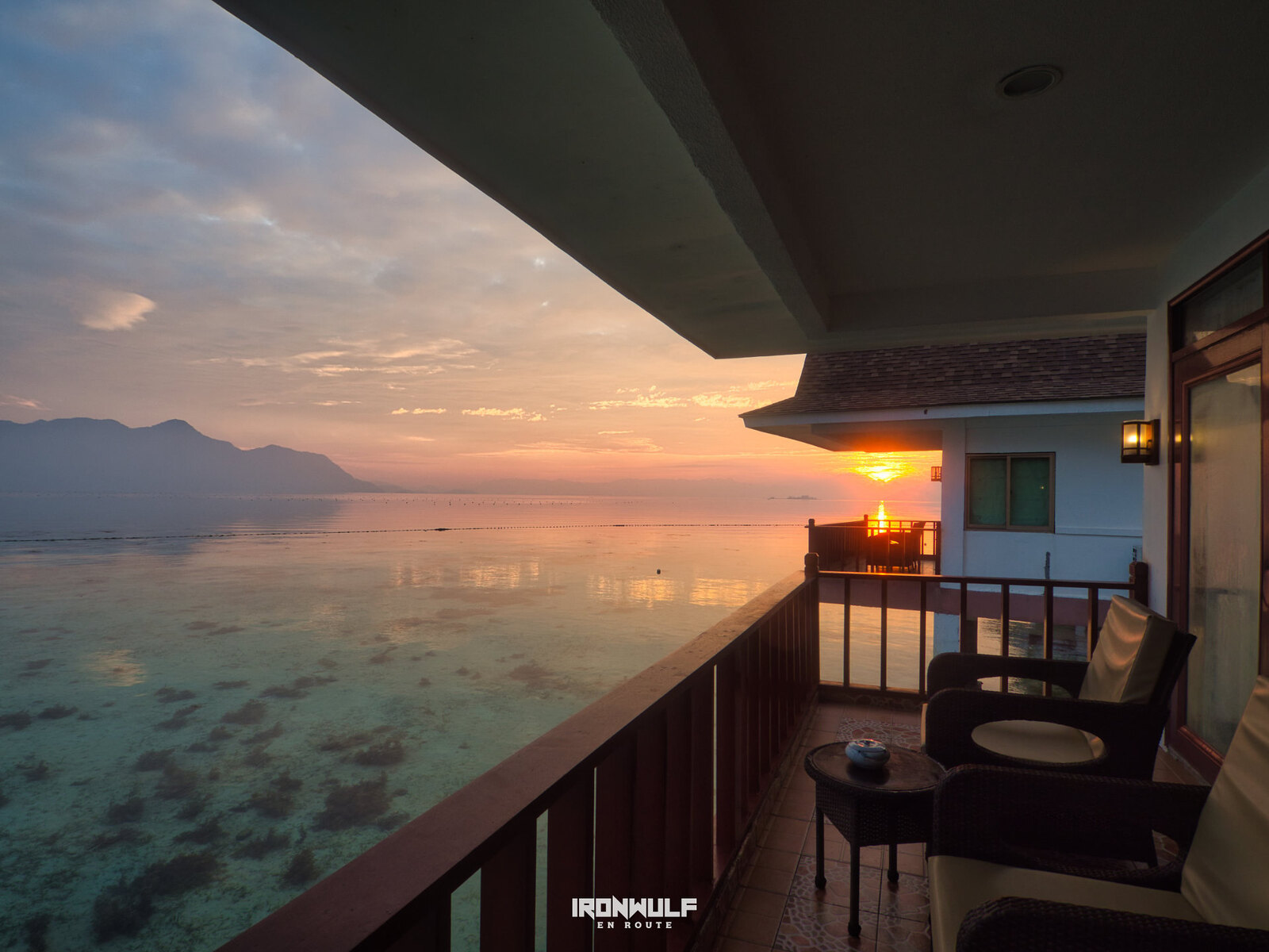 View of the sunrise from our water villa.