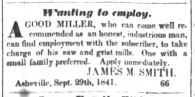 James M. Smith Miller Advertisement Asheville Messenger (Asheville, North Carolina), 10 December 1841