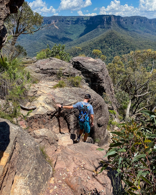 Descending Mt Solitary: Castle Head, Ruined Castle, Narrow Neck Plateau in the background