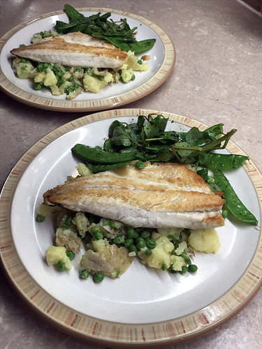 Pan Fried Sea Bass with Peas & Potato Salad
