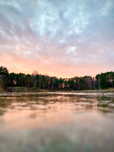 Sunset at the frozen lake by zmonairsky, Afternoon walk to the Small Lake in Turawa, Poland. The lake, covered with a sheet of ice, beautiful