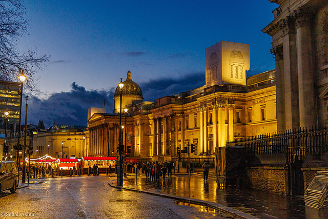 Dusk Falls on the National Gallery and Christmas Markets in London