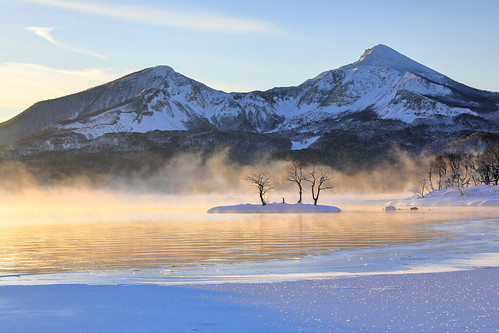 sunrise mtbandai lakehibara snow mist water ripple landscape tree bluetone