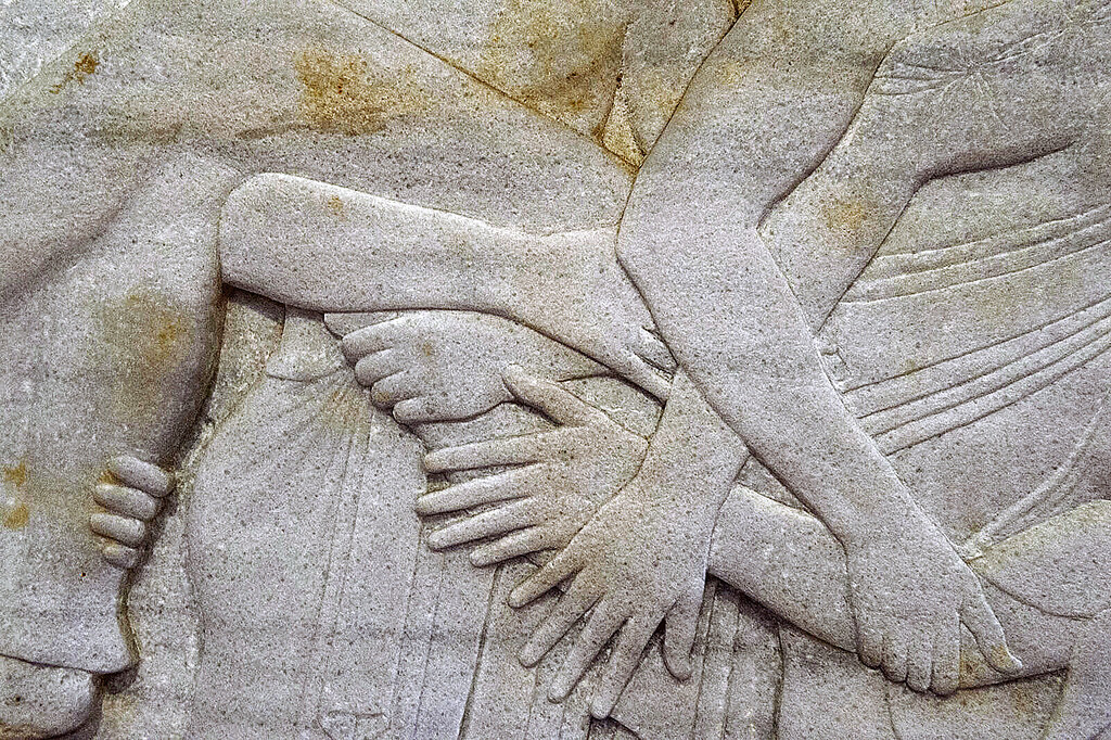 A27 Polyxena sarcophagus side B - Die Opferung der Polyxena, detail das komplexe Spiel der Hände 14cs [520-500 BCE] Troy AM - pbase