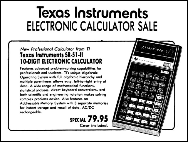 Vintage Advertising For The Texas Instruments Model SR-51-II Electronic Calculator In A Shirokiya Store Ad In Honolulu Star Bulletin Newspaper, October 12, 1976