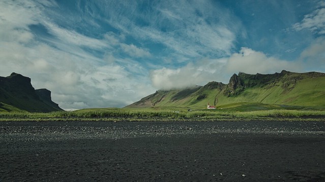Looking back at Vik Iceland from the black sand beaches