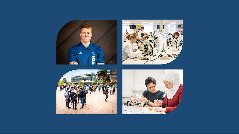 A collection of 4 images. Swimmer Tom Dean; researchers working in a lab; groups of students on the Parade; two students working on a project together.