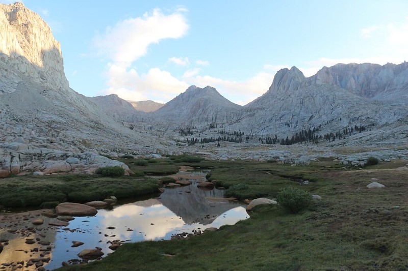 Reflection of Mount McAdie on Rock Creek in lower Miter Basin, with The Miter standing proud, right of center