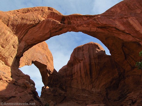 Standing almost beneath Double Arch, Arches National Park, Utah