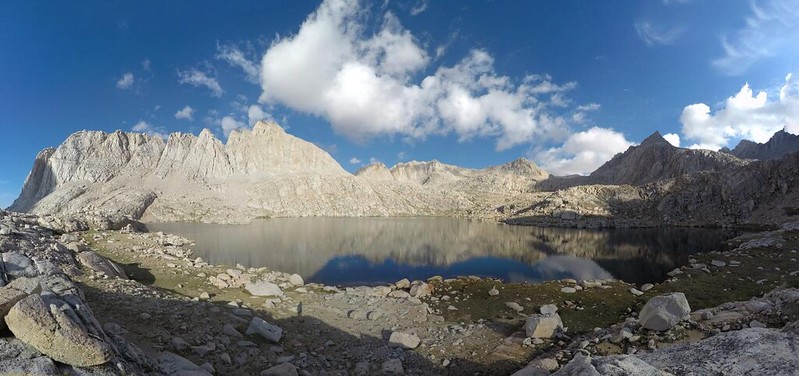 Wide angle panorama over Sky Blue Lake from the eastern shore, Crabtree Pass right of center