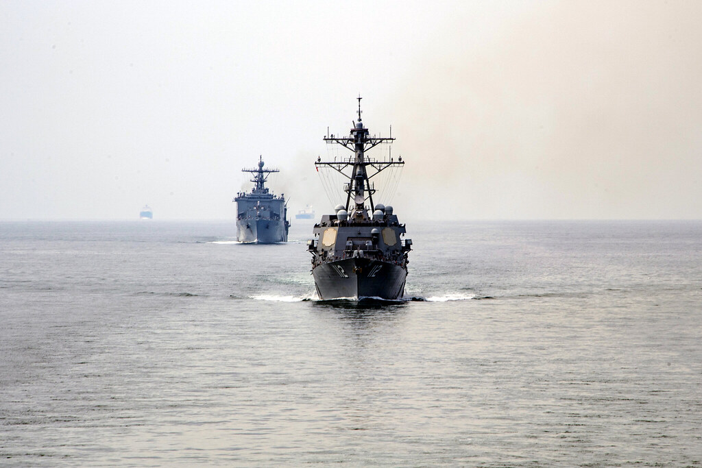 U.S. ships from the Essex Amphibious Ready Group (ARG) transit the Strait of Malacca