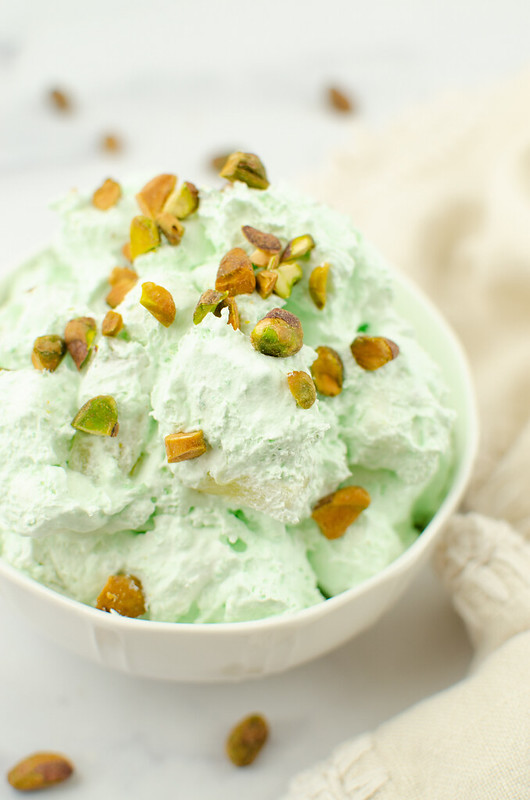 Pistachio marshmallow salad with chopped pistachios on top