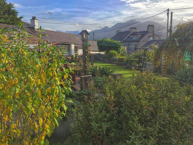 A section of my garden looking towards the mountains of Eryri