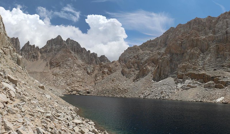 The highest Crabtree Lake, with Mount McAdie, left - Whitney Pass is that deep cut on the far left