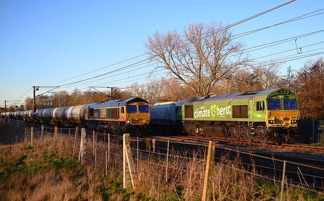 GBRf 66713 hauls 6A32, 13.34 North Walsham to Harwich Refinery past Barham Stone Terminal and 66004 on the Mountsorrel Stone. 13 01 2022