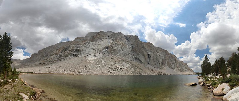 Wide angle panorama shot of Lower Crabtree Lake with threatening cumulus clouds up above